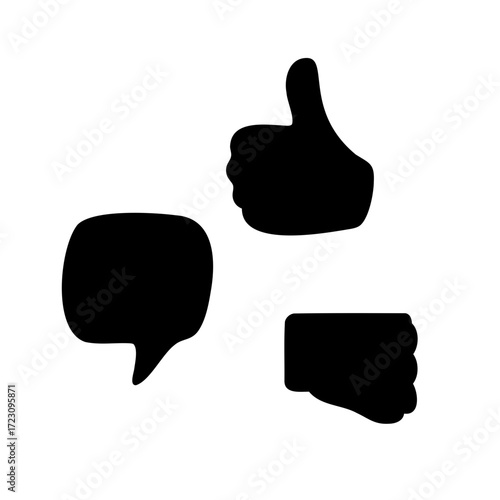 Black Silhouette Icons of Like, Dislike and Speech Bubble on White Background