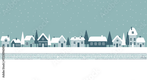 Charming winter village scene with snow-covered houses and trees, evoking peaceful holiday atmosphere for greeting cards or seasonal designs