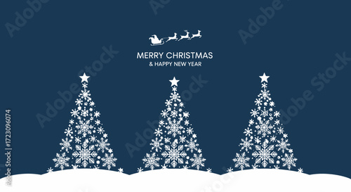 Elegant Christmas background with snowflake trees and Santa's sleigh against a dark blue starry sky for festive holiday greetings