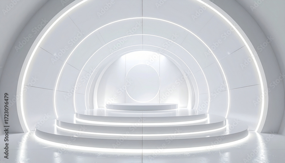 Obraz premium Futuristic architectural design with glowing circular elements and a raised platform stage