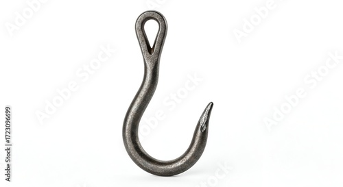 Close-up of a robust, dark gray metal hook designed for heavy-duty lifting and secure fastening, isolated against a pristine white background, highlighting its industrial strength and utility