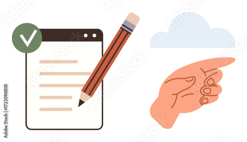 Checklist with a pencil, hand pointing at cloud. Ideal for productivity, task management, cloud storage, planning, decision making, organization remote work. Simple flat metaphor
