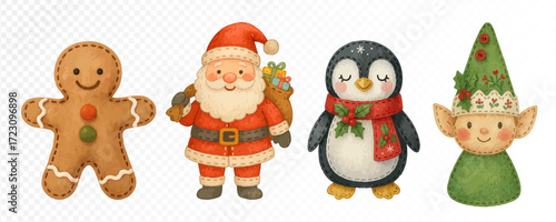 Christmas felt set with gingerbread man, Santa Claus, penguin and elf, handmade cozy fabric toys in festive watercolor holiday style. Vector illustration.
