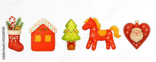 Christmas felt set with stocking, gingerbread house, festive tree, red horse and Santa heart ornament, handmade cozy decorations in watercolor holiday style. Vector illustration.