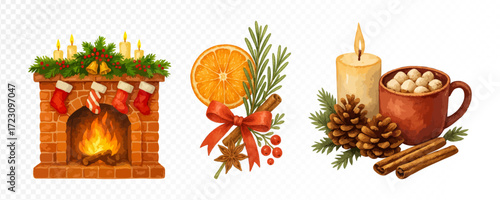 Christmas cozy set with fireplace, orange and cinnamon decoration, candle with pinecones and cup of cocoa, festive holiday watercolor illustrations. Vector illustration.