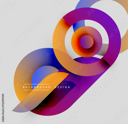 Abstract colorful overlapping circles create dynamic visual composition. Gradient hues blend smoothly, forming modern design element.