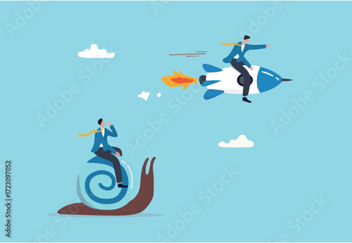 Boost fast speed to win business competition, high performance employee, competitive advantage winner, innovation or skill to success concept, businessman winner riding rocket, another on slow snail