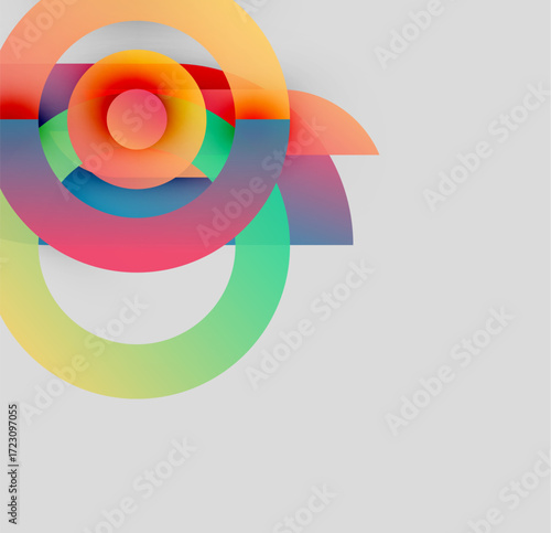 Abstract colorful circles overlap, creating dynamic visual effect. Gradient hues blend, forming modern composition. Light gray background provides contrast.