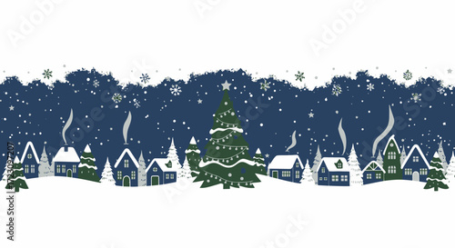 Charming winter village scene with snow-covered houses and twinkling Christmas tree lights creates a festive holiday spirit