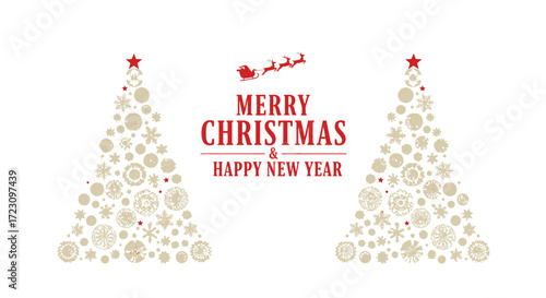 Delightful Merry Christmas and Happy New Year greeting card with elegant snowflake Christmas trees and Santa's sleigh flying above