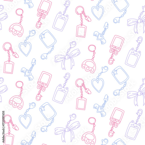 Colorful K-pop style design. Seamless texture with bright elements of Korean music trends. Various keychains with bows, hearts, paws, and fan photos. Glitter, hearts, and a cloud with K-pop text