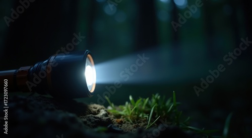Survival flashlight beam cutting through dark forest night