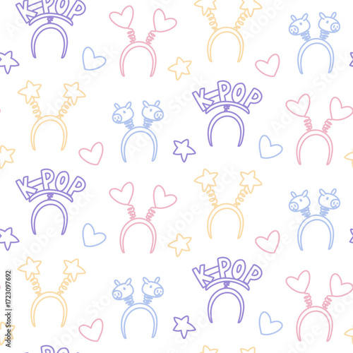 Colorful K-pop style design. Seamless texture with bright elements of Korean music trends. Various headbands for fans. Heart, star, capybara, K-pop text. Sequins, hearts, cloud with K-POP text