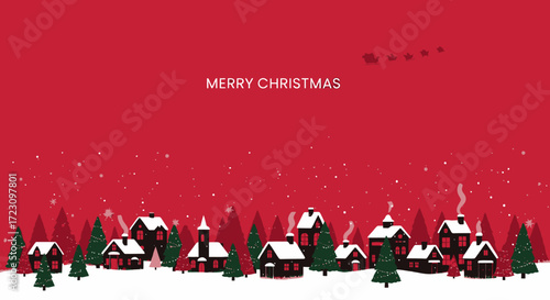 Merry Christmas holiday illustration, snowy winter wonderland with Santa in sleigh over village and Christmas trees for heartwarming festive cheer