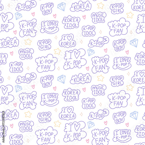 Bright K-pop style design. Seamless texture with bright elements of Korean music trends. Various inscriptions in the cloud. Fan love for Korea. Glitter, hearts, cloud with K-POP style text