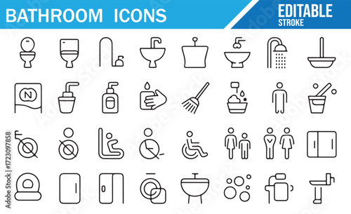 Minimal Bathroom Line Icons – Toilets, Sinks, Showers – Editable Stroke