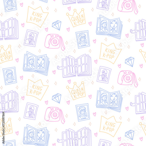 Bright K-pop style design. Seamless texture with bright elements of Korean music trends. Photo card, queen, album for cards, camera, king, crystal. Glitter, hearts, cloud with K-POP style text