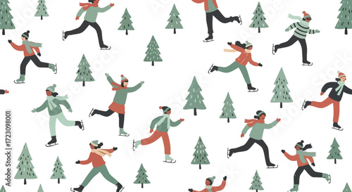 Joyful diverse group ice skating amidst festive winter trees, celebrating active outdoor fun and holiday spirit with dynamic motion