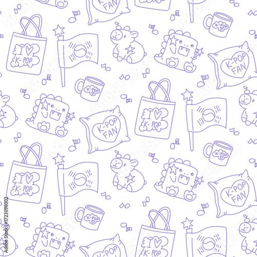 Bright K-pop style design. Seamless texture with bright elements of Korean music trends. Shopping bag, fan stuff, pillow, mug, soft dinosaur toy, capybara. Glitter, hearts, cloud with K-POP style text