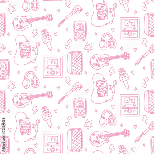 Bright K-pop style design. Seamless texture with bright elements of Korean music trends. Microphone, guitar, headphones, light bomb, speakers, player. Glitter, hearts, cloud with K-POP style text