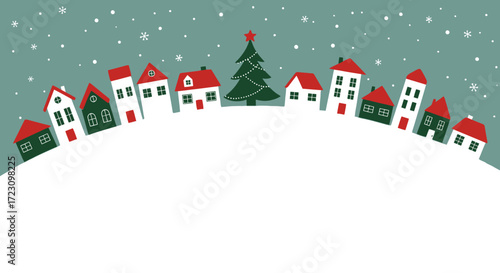 Charming winter village illustration with festive Christmas tree and falling snow, perfect for holiday cards and seasonal designs