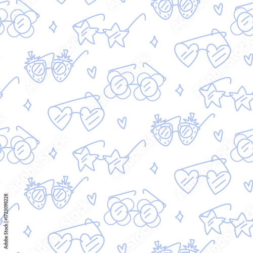 Bright K-pop style design. Seamless texture with bright elements of Korean music trends. Various glasses for performance. Strawberry, heart, stars, flower. Glitter, hearts, cloud with K-POP style text