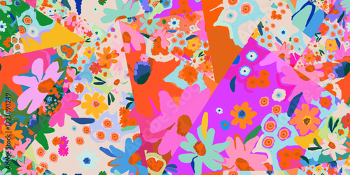 Playful flowers patchwork pattern. Dynamic hand drawn botanical print. Fashionable template for design. 