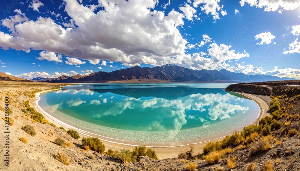 Fototapeta premium Serene lake, mirroring clouds, mountain backdrop