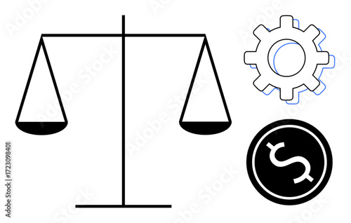 Scales symbolize justice, a dollar coin represents financial interests, and a gear conveys industry. Ideal for law, economics, balance, fairness, decision-making, productivity societal issues