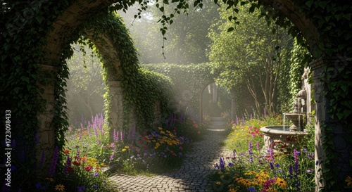 Enchanting Garden Archway Bathed in Golden Sunlight.