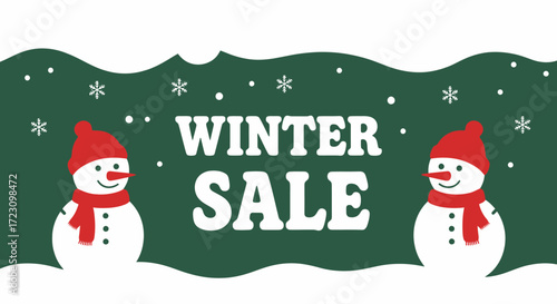 Festive winter sale with charming snowmen and snowflakes on green brick background offers a seasonal promotion for holiday shopping