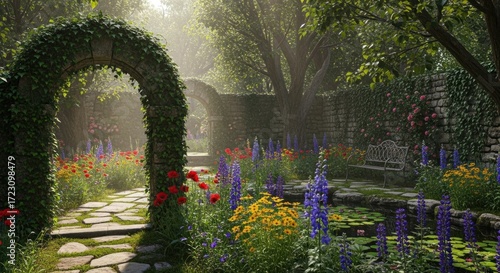 Enchanting Garden Path with Floral Archway and Sunlit Serenity.