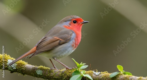 European Robin perched on a mossy branch in natural setting.