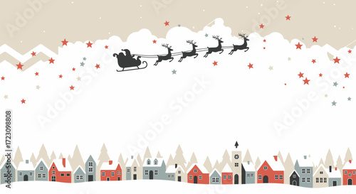 Santa's sleigh soars above a charming village, a magical Christmas scene perfect for holiday greetings and seasonal promotions this year