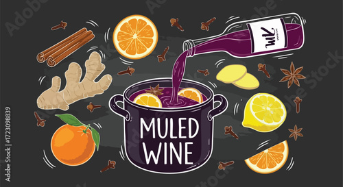 Inviting mulled wine illustration featuring oranges, lemons, ginger, and cinnamon creates a warm festive atmosphere perfect for holiday marketing campaigns