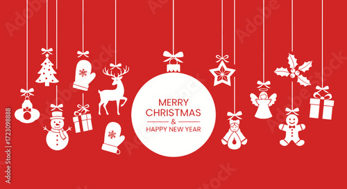 Festive Christmas and Happy New Year greeting with hanging white ornaments on a red background, perfect for holiday cards and seasonal promotions