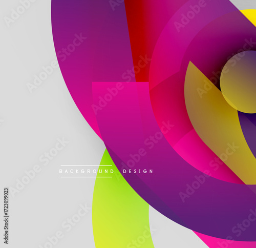 Abstract colorful shapes overlap, creating dynamic visual effect. Gradient hues blend smoothly, offering modern aesthetic.