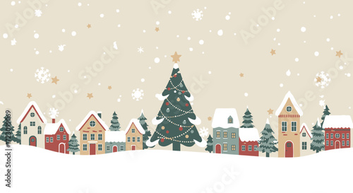 Festive Christmas village illustration with decorated tree and snow-covered houses for warm holiday greetings and cheerful seasonal designs