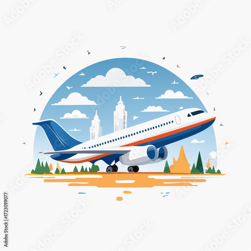 A cartoon illustration of a passenger airplane taking off from an airport runway with a city skyline and trees in the background under a blue sky.