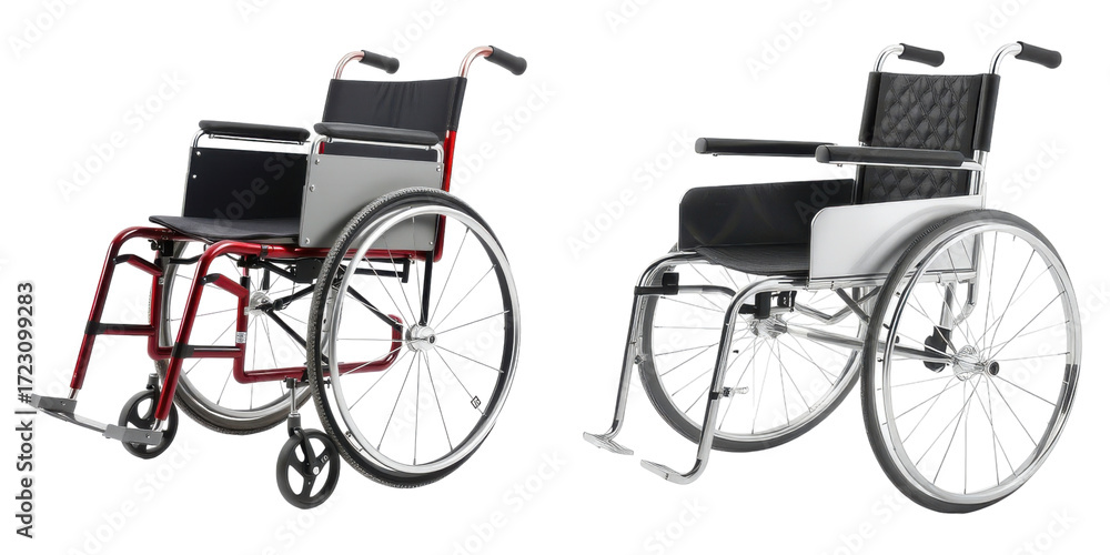 Fototapeta premium Two different manual wheelchairs in silver and red frames providing mobility assistance on transparent background