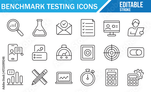 Benchmark Testing Icons Set – Editable Stroke Outline Vector for performance metrics, QA, analytics, reports, A/B experiments, targets, dashboards, stopwatch, calculator, laptop, mobile, and gear – bl