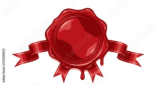 Elegant red wax seal with golden ribbon for invitations and certificates creating a classic vintage style or authentic look for special documents