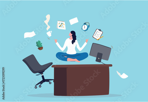 Employee wellbeing or wellness, comfortable to work, project management or relax workplace, balance or productivity concept, office woman mindfulness meditating on working desk levitate working stuff.