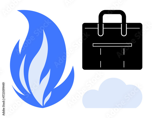 Blue flame, black briefcase, and light cloud combine to symbolize energy, productivity, and technology. Ideal for business, energy, technology innovation storage workflow abstract art. Offers