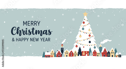 Charming Christmas village scene with snow-covered houses and festive Christmas tree, perfect for holiday greetings and winter promotions