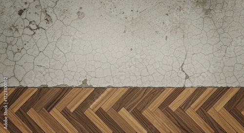 Cracked Wall and Herringbone Floor: A Textured Contrast of Mater