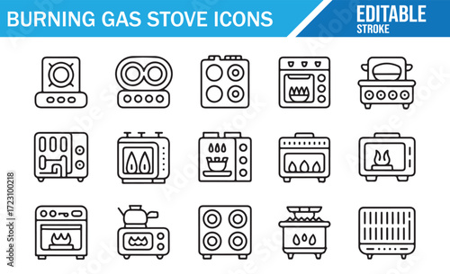 Gas Cooking Equipment Icons – Ignition, Knobs, Flames – Vector