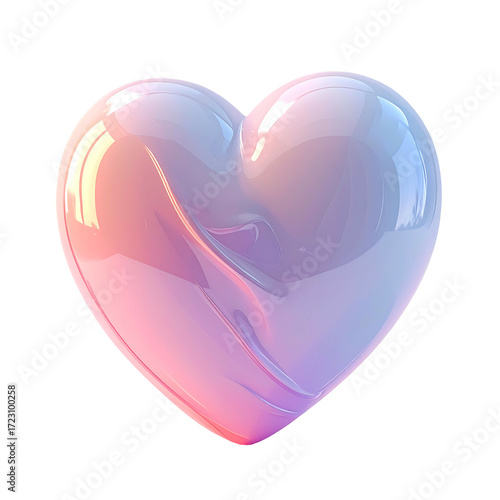 A glossy, pastel heart, rendered in shades of pink and purple, exhibits a smooth, almost liquid-like surface with subtle highlights and suggestive folds