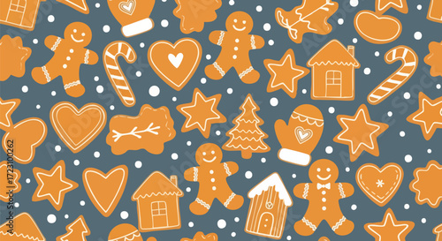 Delightful gingerbread cookie pattern featuring festive holiday shapes and cheerful characters, perfect for seasonal designs