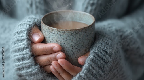 Closeup of hands holding a steaming cup of hot chocolate, wearing a cozy gray sweater on a cold day